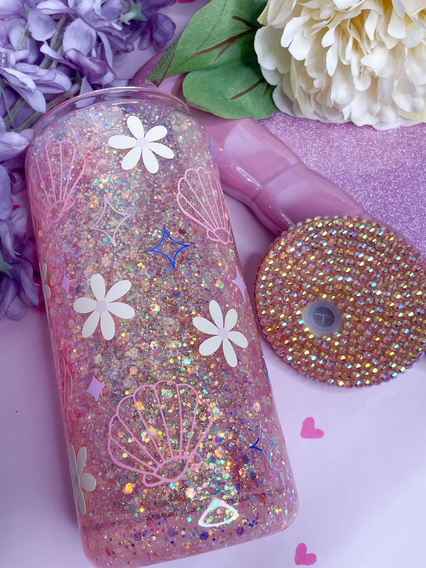 Seashells & Flowers 15oz Glass Snowglobe Tumbler