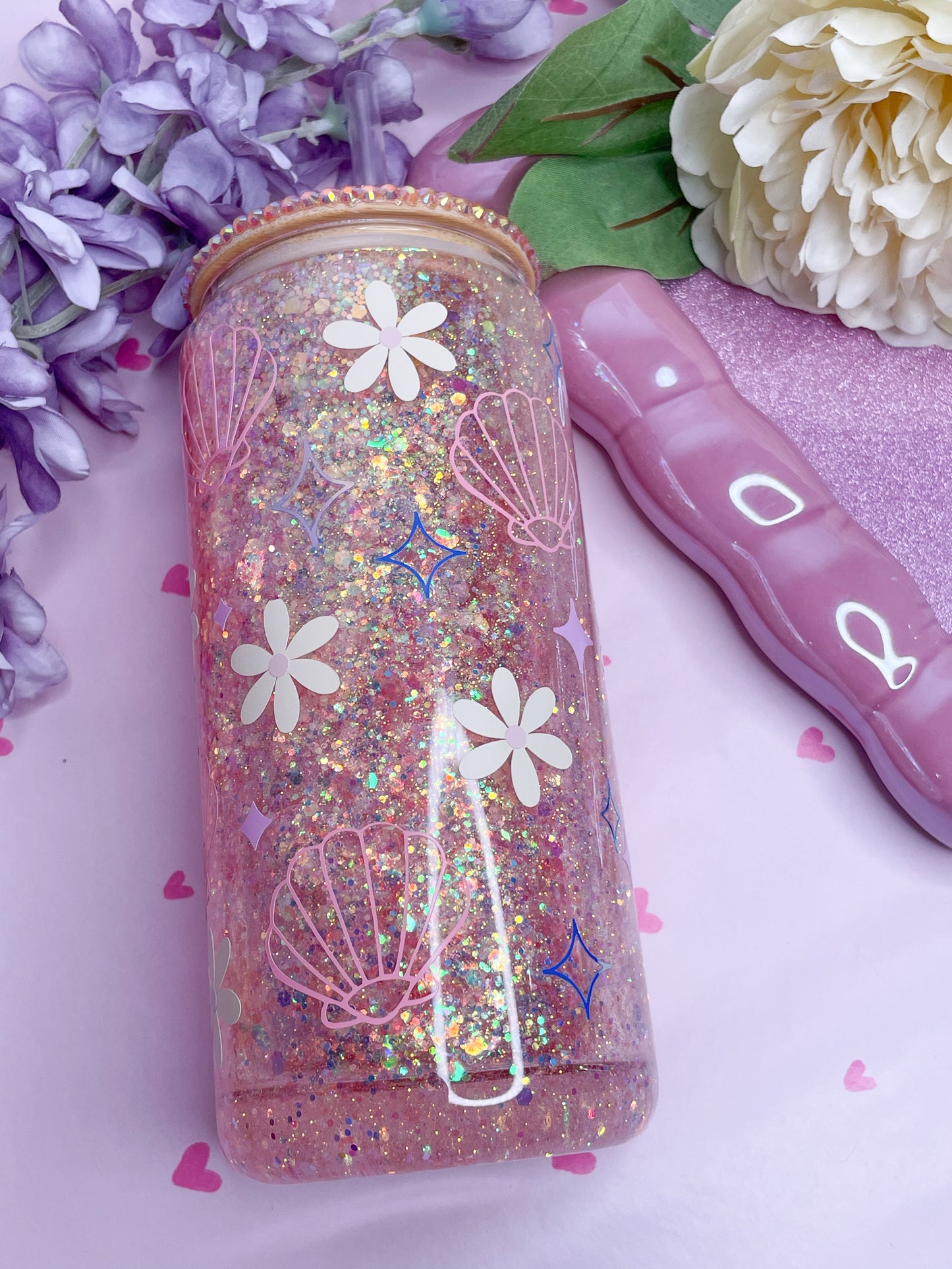 Seashells & Flowers 15oz Acrylic Snowglobe Tumbler